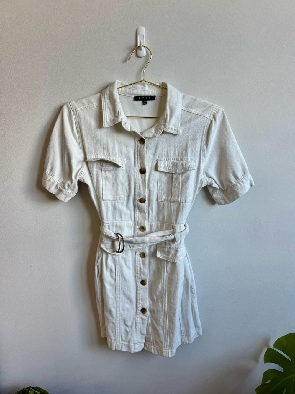 White Short-Sleeve Button Front Shirt Dress with Belt